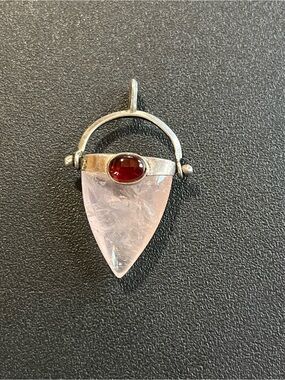 Rose Quartz and Red accent stone sterling silver pendant. Artisan. Unique Design